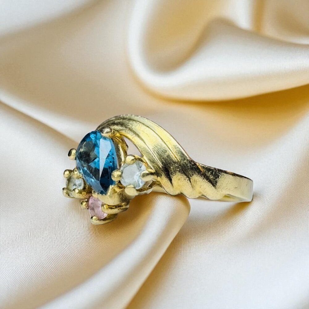 10K Gold- Natural Cobalt Blue Spinel Ring sz 8- 3/4CT Pear Cut Rainbow Ring 2.4g - Picture 9 of 16